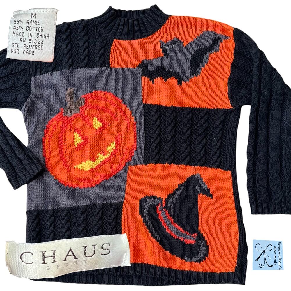 Chaus Sport Ramie/Cotton Halloween Bat Pumpkin Mockneck Sweater Sz M